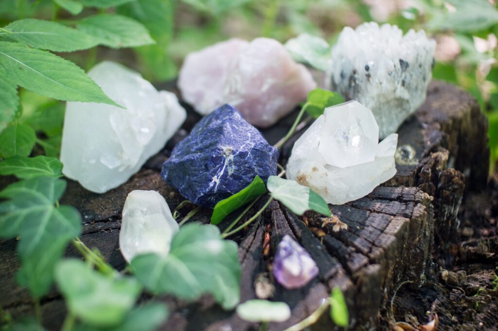 A photo of Lapis lazuli, rose quartz, amethyst and quartz crystals on a tree trunk with leaves surrounding them