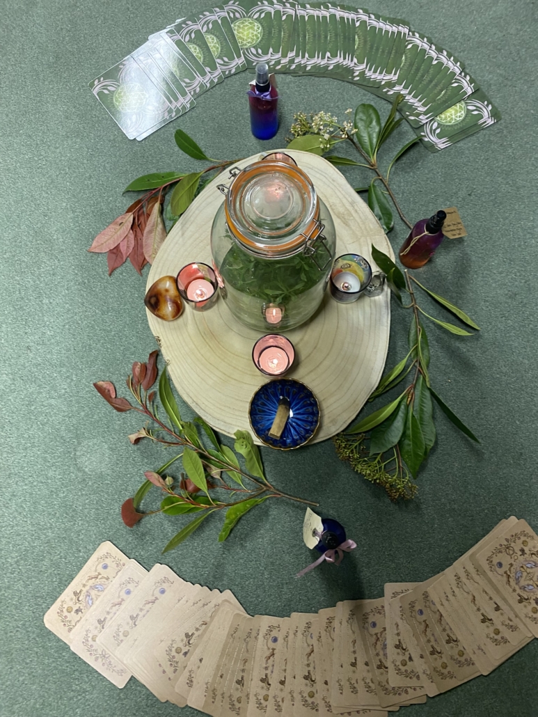 Plant Medicine Circle altar Plant medicine circle altar featuring oracle cards, plants and the elements.
