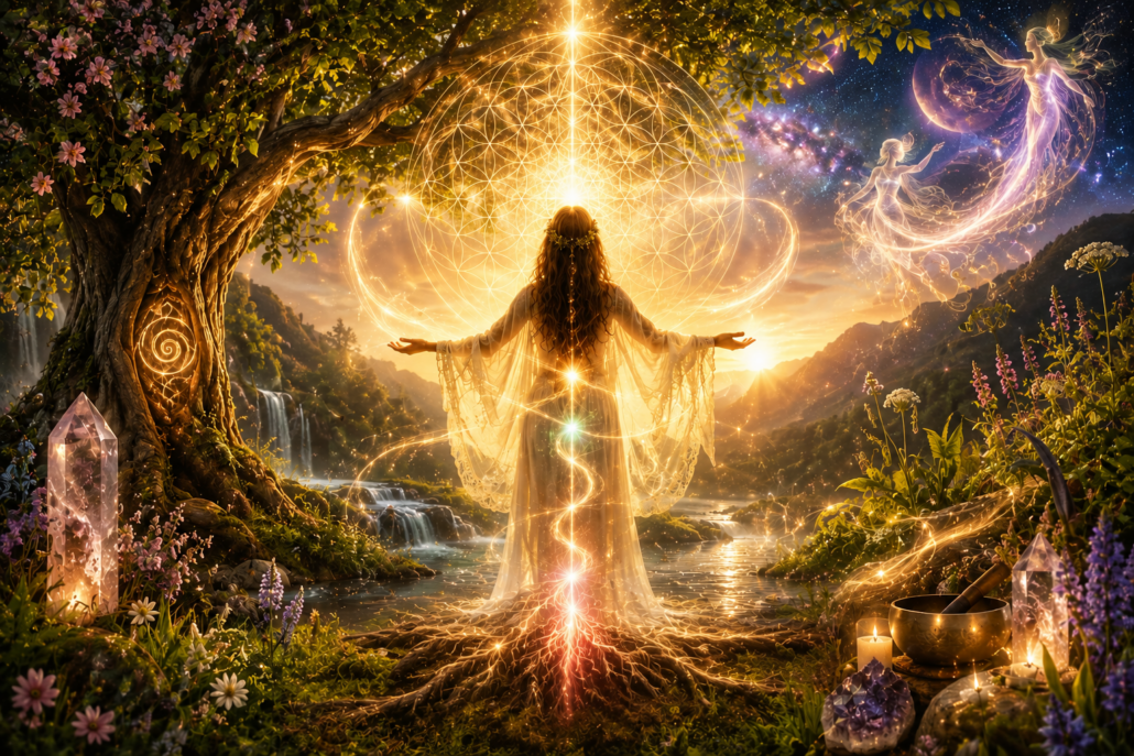 Symbolic artwork of a radiant figure standing in nature surrounded by golden healing light, sacred geometry, crystals and celestial energy, representing intuitive energy healing and spiritual connection.